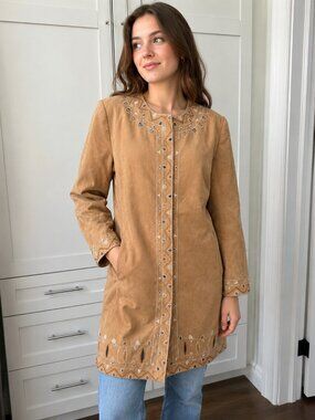 ANNE CARSON Faux Suede Embroidered Duster Long Jacket | Boho Western Tunic | XL